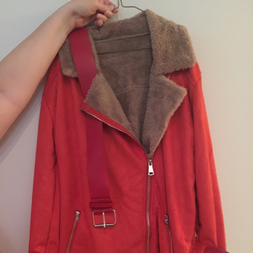 Faux fur bright rust orange coat.